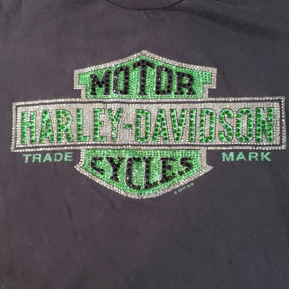 Harley-Davidson Women's Bling Rhinestone Black Green Shirt Mischlers Size Small‎
